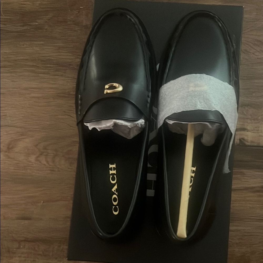 Coach Black Flats with Gold Accents